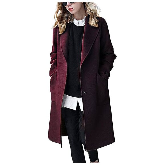Women's Winter Casual Single Breasted Long Wool Coat Wine Red